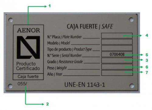 Ejemplo de una placa que debe llevar en su interior la caja fuerte y su correspondiente certificado del producto para ver con más detalle hacer clic en la imagen